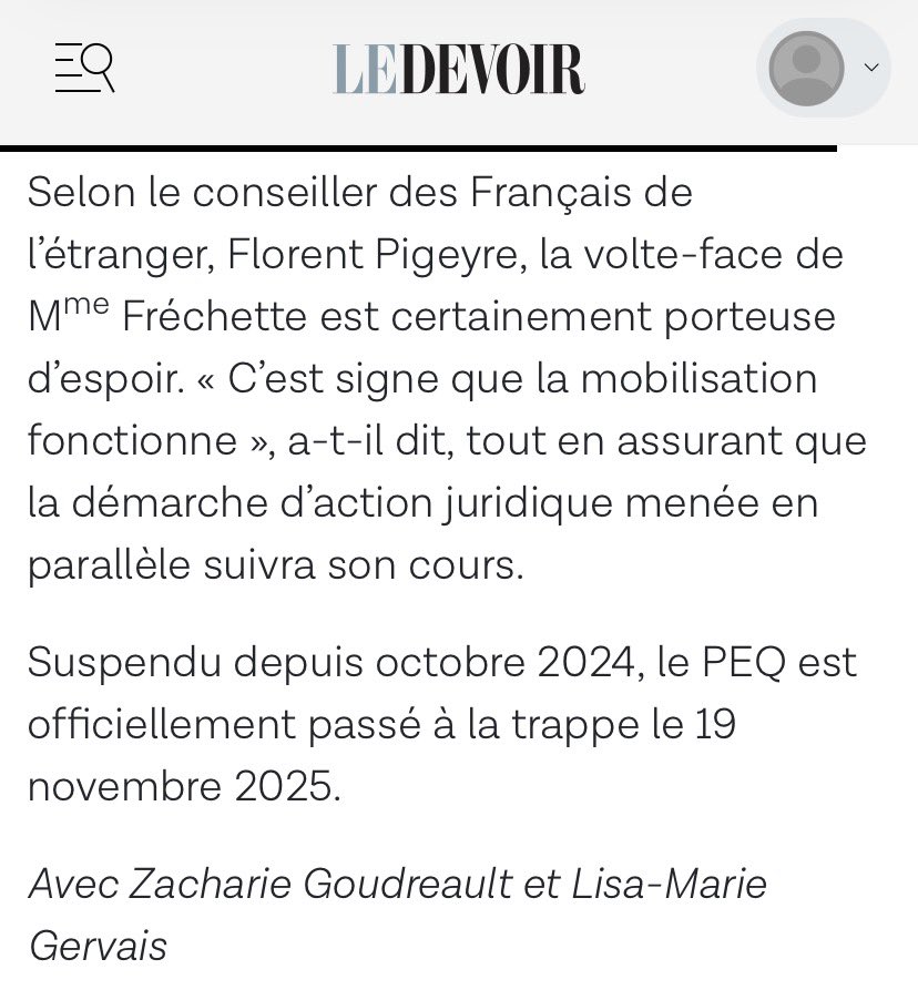 PEQ: La mobilisation fonctionne. La démarche d’action juridique menée en parallèle suivra son cours.

Article complet : ledevoir.com/politique/queb…?