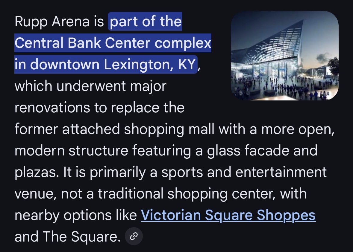 KellyTetrick's tweet photo. @BDub062286 @KyInsider @AintNoSeatsPod Ok, it used to be attached to a shopping mall. Nothing about that building is magnificent or splendid. https://t.co/NZmwz34Mf7