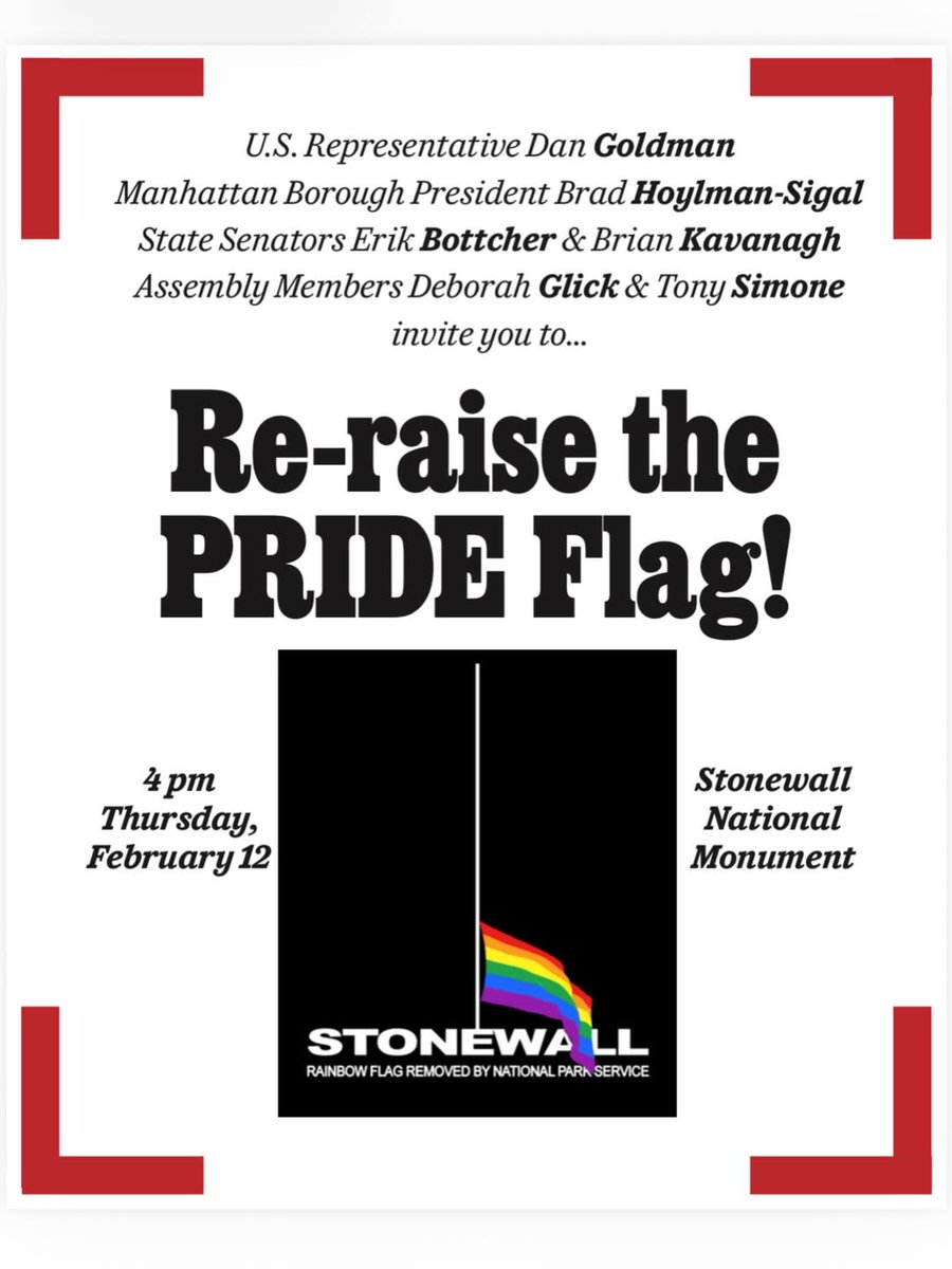 ebottcher's tweet image. They tried to take it down. We’re raising it back up. 🏳️‍🌈✊ 

Join us at the Stonewall National Monument to re-raise the Pride flag and send a clear message: our history will not be erased, and our pride is not up for debate.

📍 Stonewall National Monument
🕑 Thursday at 4 pm