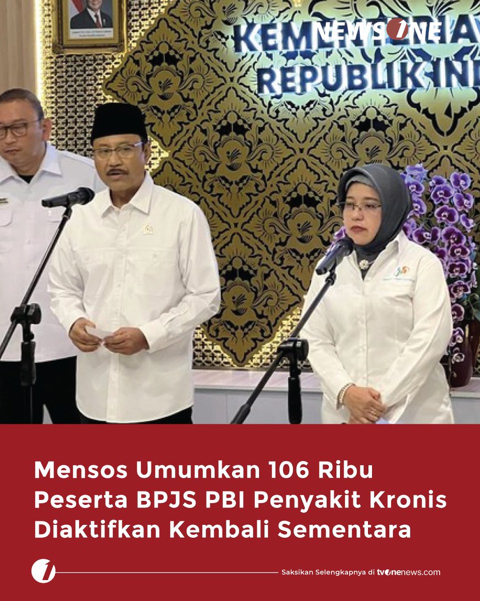 tvOneNews's tweet photo. Menteri Sosial menyatakan Kementerian Sosial telah melakukan reaktivasi otomatis kepesertaan BPJS Kesehatan PBI bagi lebih dari 106 ribu.
Simak berita lainnya di https://t.co/nxoVtnKGKS
#HardNews_Viral #NewsOne #CariBeritaditvOne #BPJSKesehatan #PBIBPJS #Kemensos #NO02 https://t.co/X4k6ZZDgyW