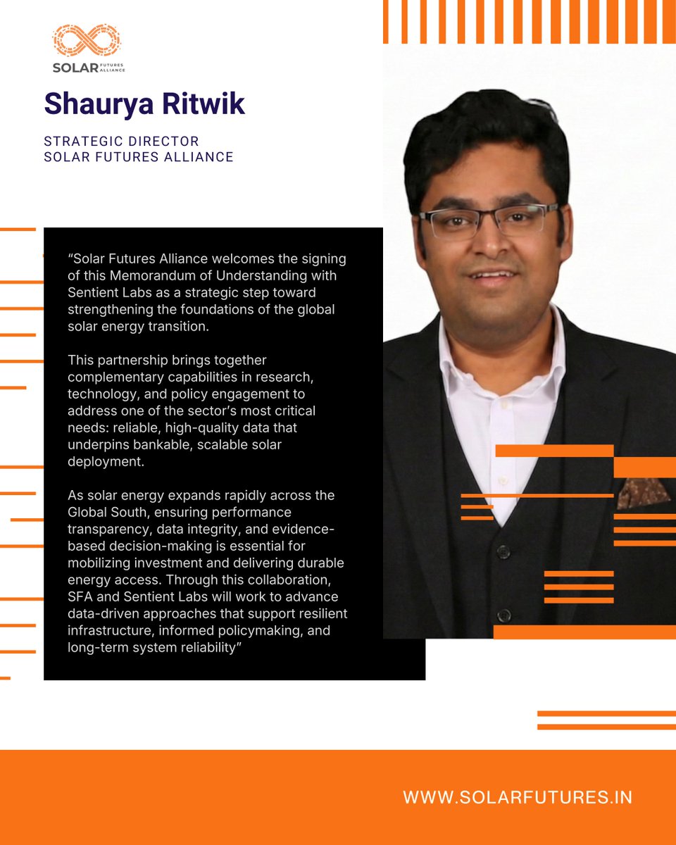 joinSFA's tweet image. We announce the signing of a Memorandum of Understanding (MoU) between Solar Futures Alliance and Sentient Labs formalising a strategic collaboration to accelerate the deployment of reliable, data-driven solar energy infrastructure across global markets, with a strong focus on