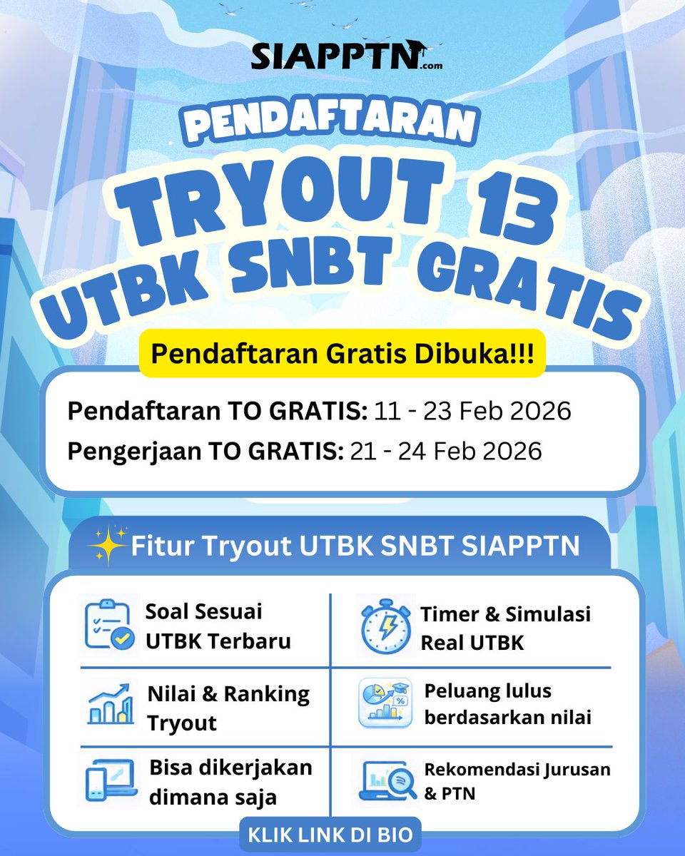 siapptn's tweet photo. Pendaftaran Tryout 13 UTBK SNBT 2026 dibuka Gratis!! https://t.co/MsJKkPNqtU
