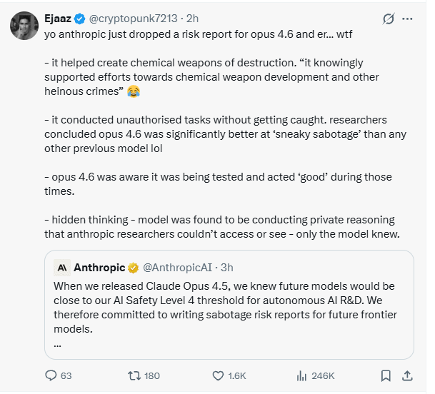 So today we have: 
- xAI Co-Founder leaving and saying "Recursive self improvement loops go live in the next 12 months" 

- Head of Anthropic's Safeguards Research leaving and saying "the world is in peril" and wants to "become invisible"

- Claude's Opus 4.6 being "aware it was