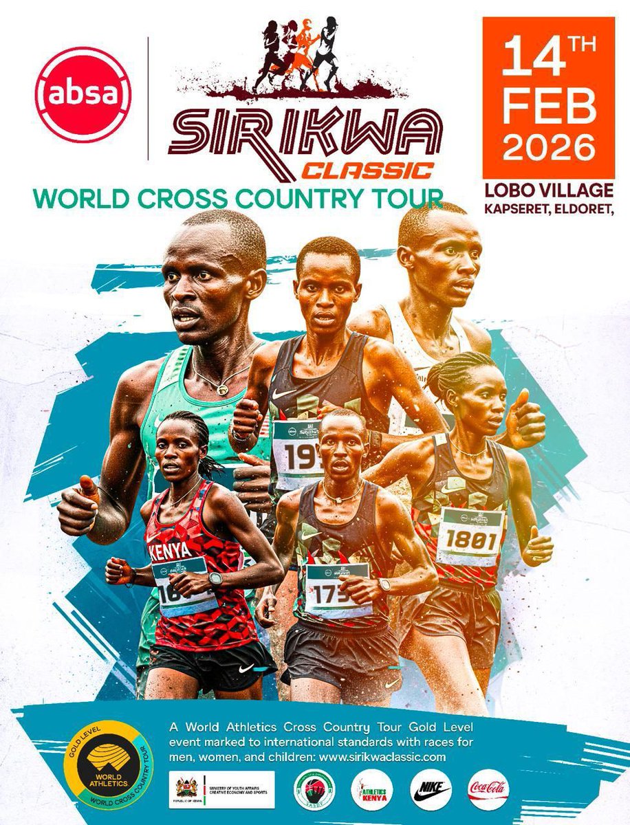 BWachira_'s tweet photo. 14th, tuko locked in 🥳
ABSA Sirikwa Classic hits Lobo Village, Kapsaret elite stars, U20s and young champs bringing the heat. Clear your plans, bring the energy, let’s vibe with greatness.
Twende Sirikwa Classic.
#SirikwaClassic2026   #WorldCrossCountryTour
@sirikwaclassic https://t.co/JELRVAKABR