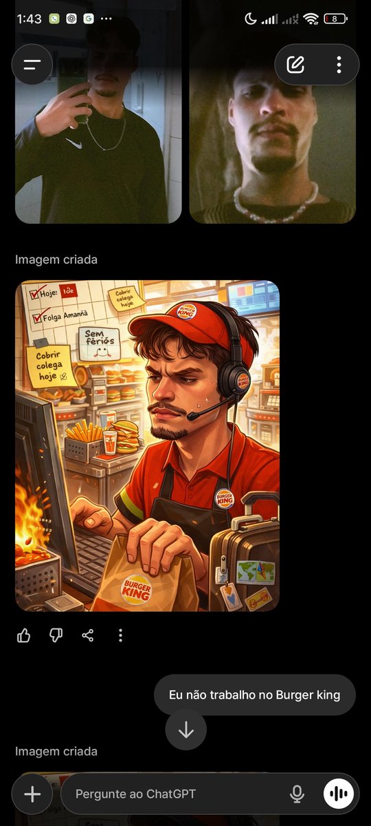 Pedi para o chat GPT fazer uma caricatura, aí ele me faz trabalhaando no <a href="/BurgerKingBR/">Burger King BR 🔥</a>, agora tô com vontade de comer um BK aaaaaaaaaaaa