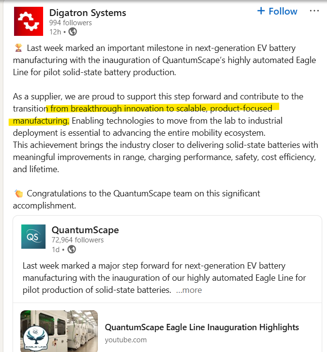 Defiantclient2's tweet photo. $QS: @DigatronPower confirms @QuantumScapeCo has transitioned from breakthrough innovation to scalable, product-focused manufacturing. 🤝

https://t.co/2WRmqhehyy https://t.co/EplE5ZYN9q