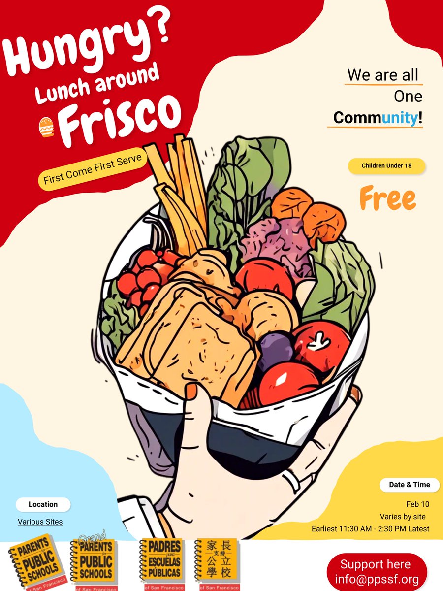 ppssf's tweet photo. Hungry? Lunch is on us, Frisco! 🥪🥕
Free meals for children under 18, first come first served at various sites across the city. Because we are all one community. 💛
🗓 Feb 11
⏰ Earliest 11:30 AM – Latest 2:30 PM (varies by site)
📍 Locations vary
#FriscoEats #FreeLunch https://t.co/adfnuJj2rX