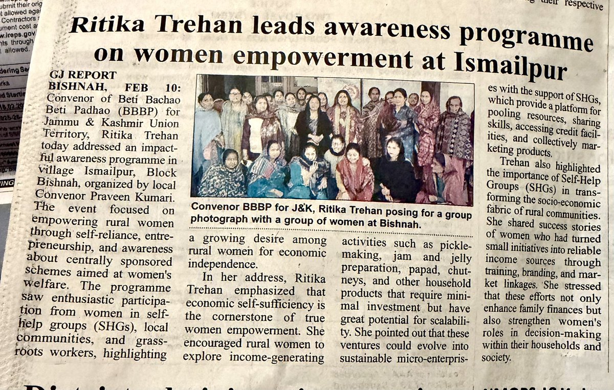 RitikaTrehanbjp's tweet photo. Press release of the event of Empowering women, transforming lives! Led an awareness programme in Bishnah as Convenor, #bbbp J&amp;KUT, focusing on self-reliance &amp; women-led entrepreneurship via SHGs &amp; govt schemes like Mudra Yojana .
#womenempowerment 
@blsanthosh 
@iamsatsharmaca https://t.co/DKFCvCurVx
