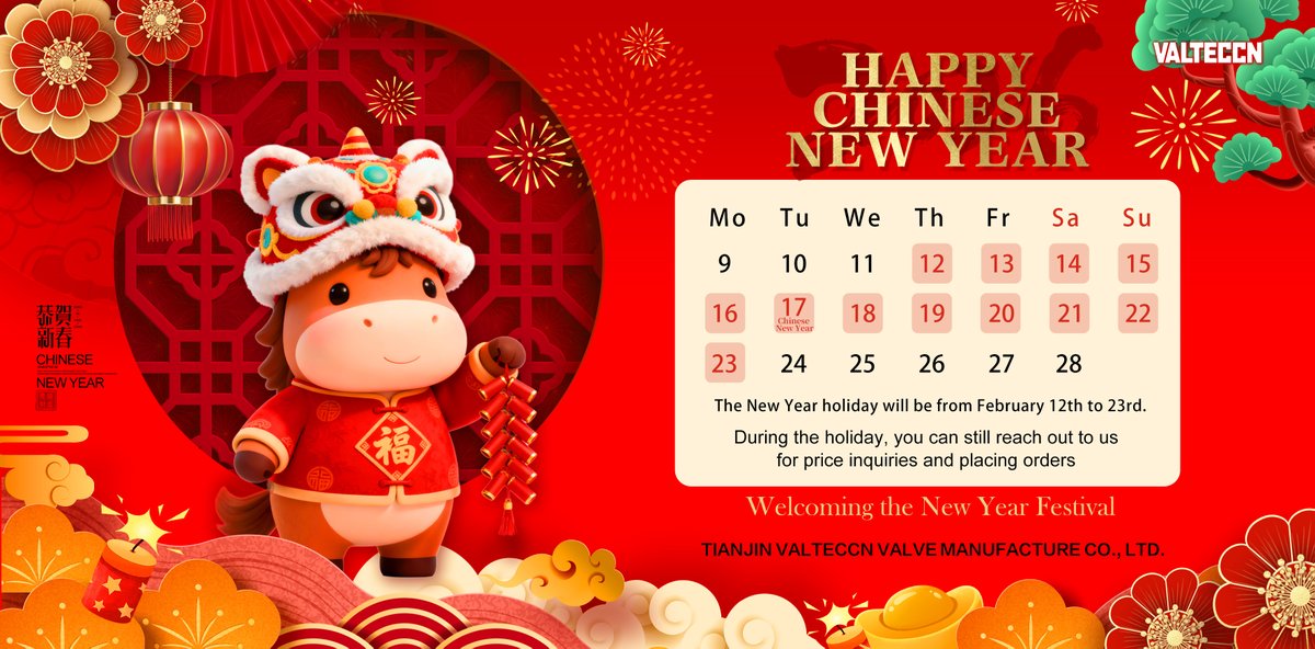 valteccn's tweet photo. Happy Chinese New Year from VALTECCN VALVE! 🧨✨

We're taking a short break to celebrate with family:🚩 Out of Office: Feb 12 – Feb 23 🚩 Resume Work: Feb 24

Note: Shipments/inquiries may be delayed. Thanks for your patience! 🥂

#VALTECCN #CNY2026 #ValveIndustry #GlobalTrade https://t.co/Vm5T8jblyQ