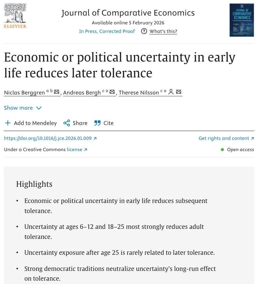 “we find that uncertainty from early childhood up until the age of 25 is negatively related to such tolerance later in life.”