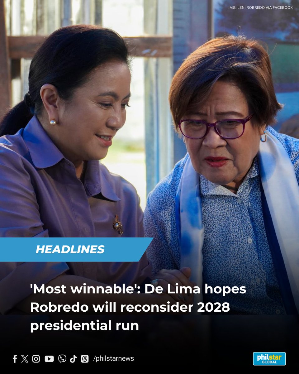 PhilstarNews's tweet photo. LENI 2028?

Rep. Leila de Lima believes that former vice president and Naga City Mayor Leni Robredo has a stronger chance of winning the presidency in 2028, considering the split between Marcos and Duterte supporters.

Read: https://t.co/I0JL2YwYQm https://t.co/G7Vl3z90Ns