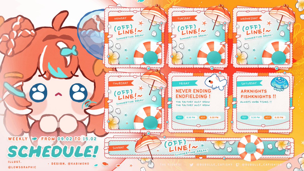 Here is this week's schedule !! 

This week, let's play more endfield on Friday ! And more Arknights on Saturday ! 

The Ave Musica event is out !! Let's have a lot of fun !! 

Also, I hope you'll like this week's art !!