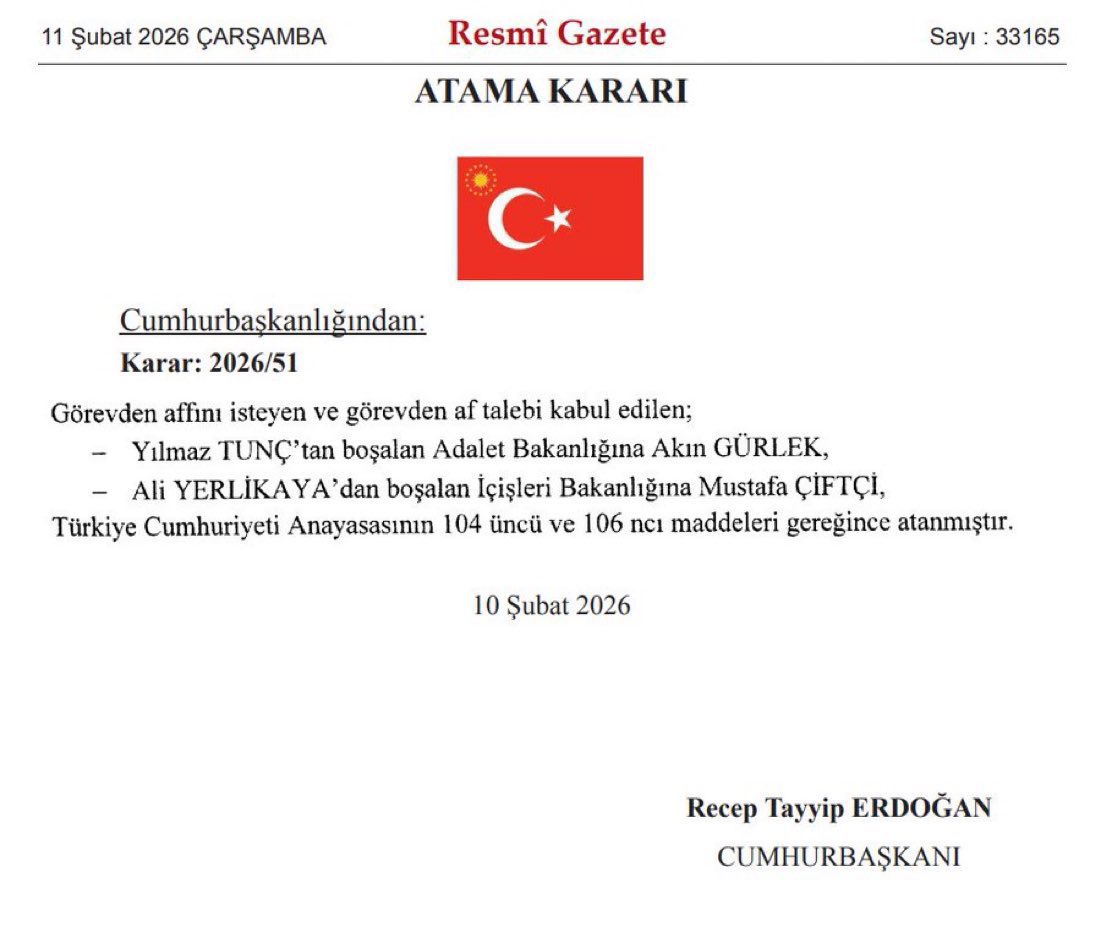 Görevlerine yeni atanan Adalet Bakanımız Sayın Akın Gürlek’i ve İçişleri Bakanımız Sayın Mustafa Çiftçi’yi yeni görevlerinde Rabbim muvaffak eylesin.

Rabbim yar ve yardımcıları olsun. Aziz milletimize hayırlı hizmetler yapmayı nasip eylesin.