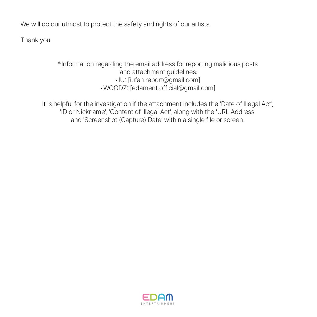 Notice on the Status of Legal Actions Regarding Malicious Posts and Illegal Activities Involving Our Artist IU