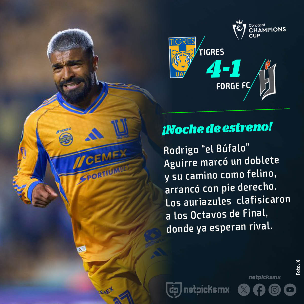 netpicksmx's tweet image. ¡𝐇𝐢𝐜𝐢𝐞𝐫𝐨𝐧 𝐥𝐚 𝐭𝐚𝐫𝐞𝐚! 

Con un doblete de su refuerzo, Rodrigo Aguirre y goles de Ángel Correa y Joaquím, los #Tigres no tuvieron problemas para golear en casa al #ForgeFC 

¿Se le viene Cincinnati en los Octavos de FInal?