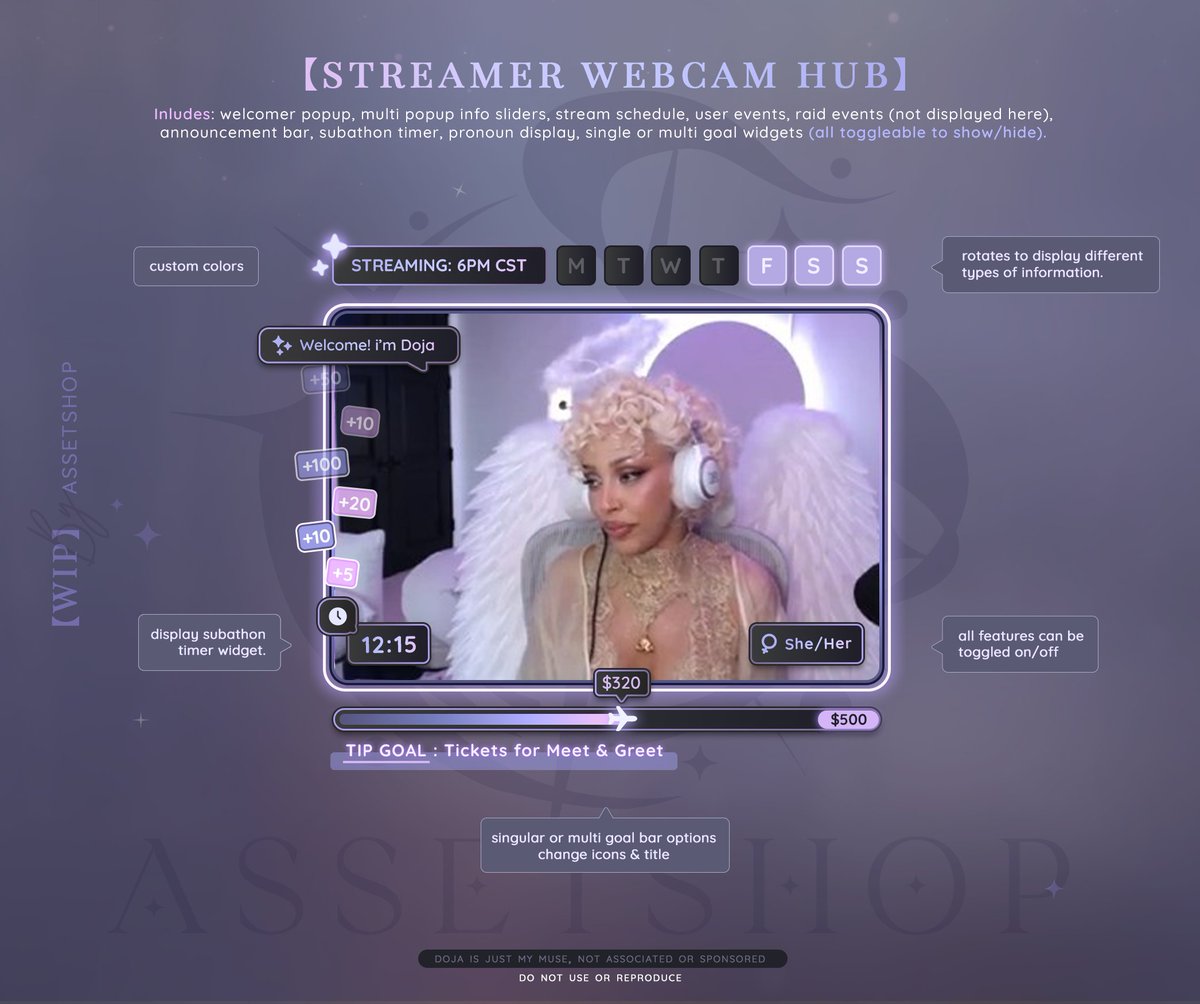 【 WIP 】Streamer Webcam Hub

<a href="/DojaCat/">DOJA CAT</a>  not affiliated, I just wanted to use her as my muse. She's so pretty and I loved the colors of her stream setup. 🥺💜 

Ngl it would be an honor if she ever used it (once made).