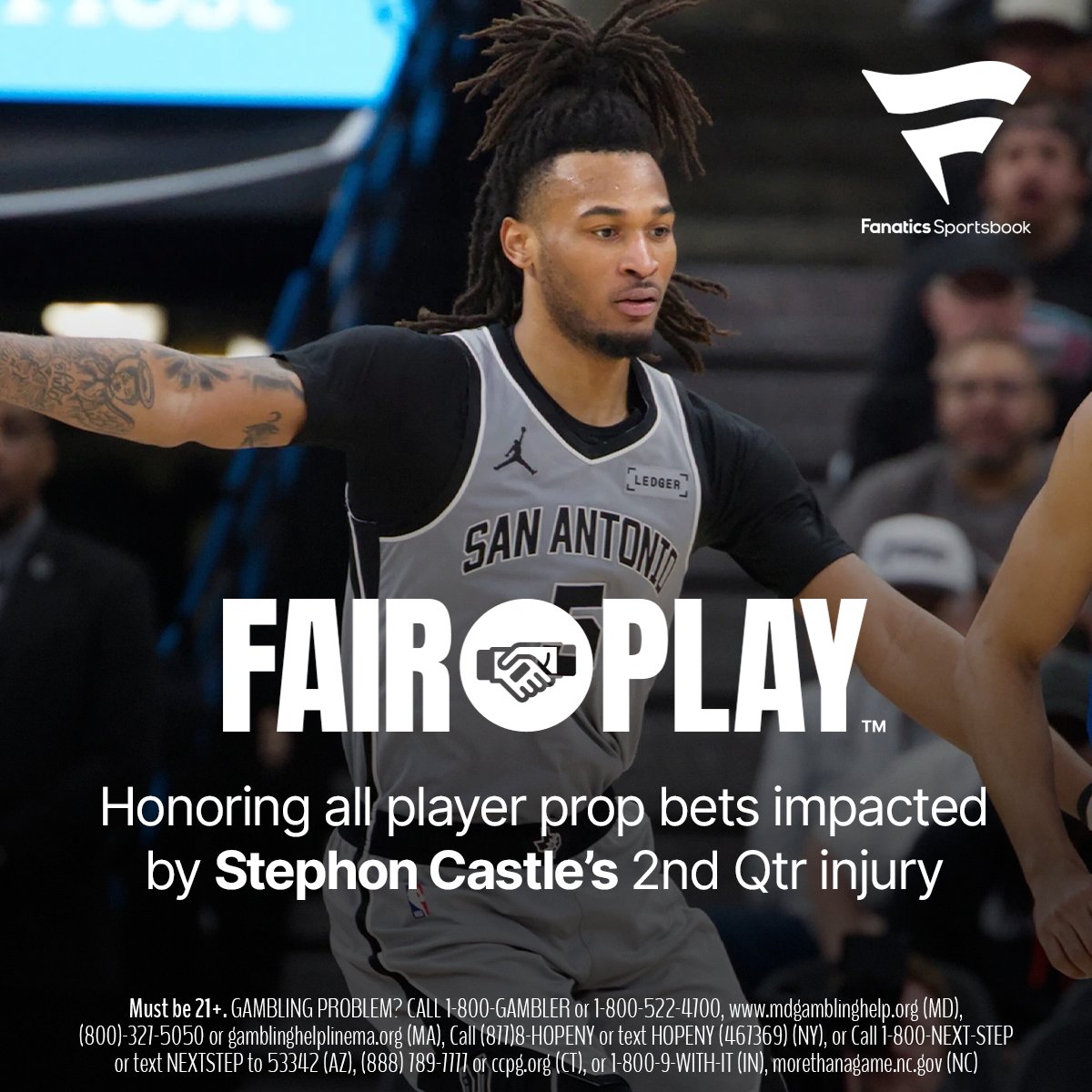 FanaticsBook's tweet photo. FAIR PLAY™ activated. Honoring all player prop bets impacted by Stephon Castle's 2nd Qtr injury. https://t.co/M4cnxfXLOr