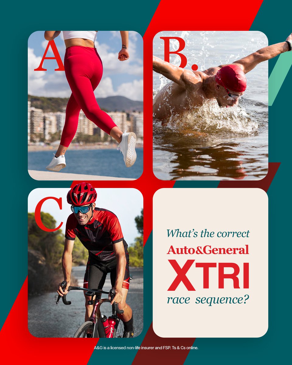 Stand to win a R1,000 Woolworths voucher!

"Think you know Auto&amp;General Xtri? Let's find out. 💪
What's the right order? Drop your answer below!

A. Run 🏃‍♀️
B. Swim 🏊‍♀️
C. Bike 🚴‍♂️
Hint in the comment below