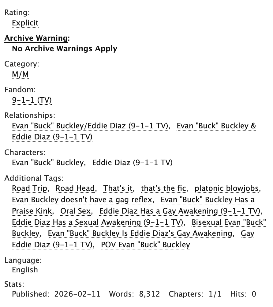 🛣️ Cruise Control 🛣️

• 9-1-1/buddie fic
• buck platonically gives eddie road head on the drive from nashville to los angeles
• chapters: 1/1
• word count: 8.3k
• rating: E

🔗 archiveofourown.org/works/79284331