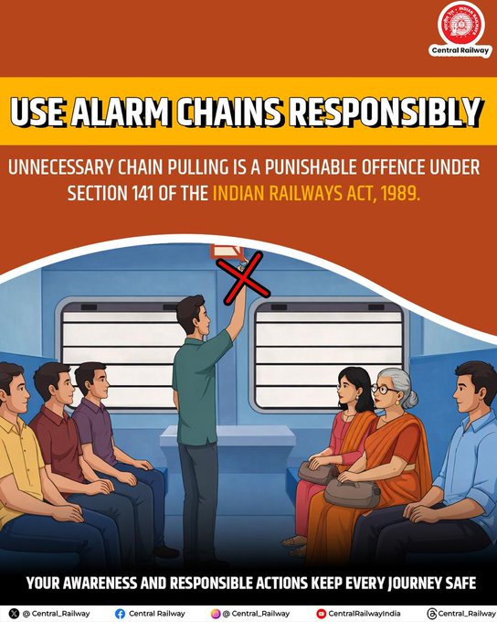 BhusavalDivn's tweet image. Pull the alarm chain only in genuine emergencies.
Unnecessary chain pulling is a punishable offence under Section 141 of the Indian Railways Act, 1989 and can disrupt services for many passengers.
Be responsible. Your awareness keeps every journey safe. 🚆
#RailSafety