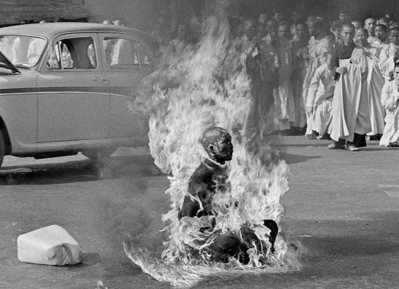 On June 11, 1963, Vietnamese Mahayana Buddhist monk Thích Quảng Đức burned himself to death at a Saigon intersection to protest the South Vietnamese government's persecution of Buddhists, an act that drew global attention intended to pressure the US-backed Ngo Dinh Diem regime.