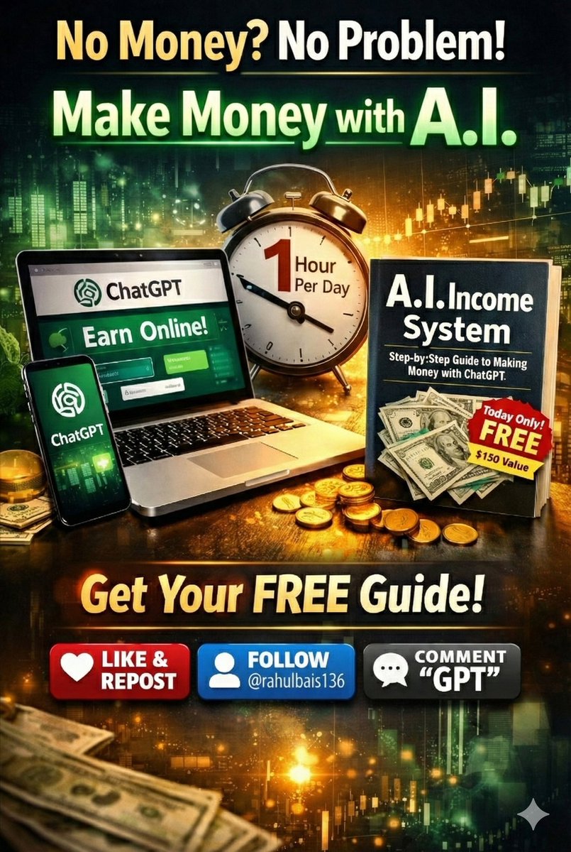 IAmRenuSoni's tweet image. You don’t need money to make money with AI.

You need a system.

ChatGPT + laptop + 1 hour/day is enough to start.

I documented the exact method in a guide (usually $150).
Free today.

To get your copy:
Like &amp;amp; Repost
Follow @IAmRenuSoni
Reply "GPT" below and I'll DM you!