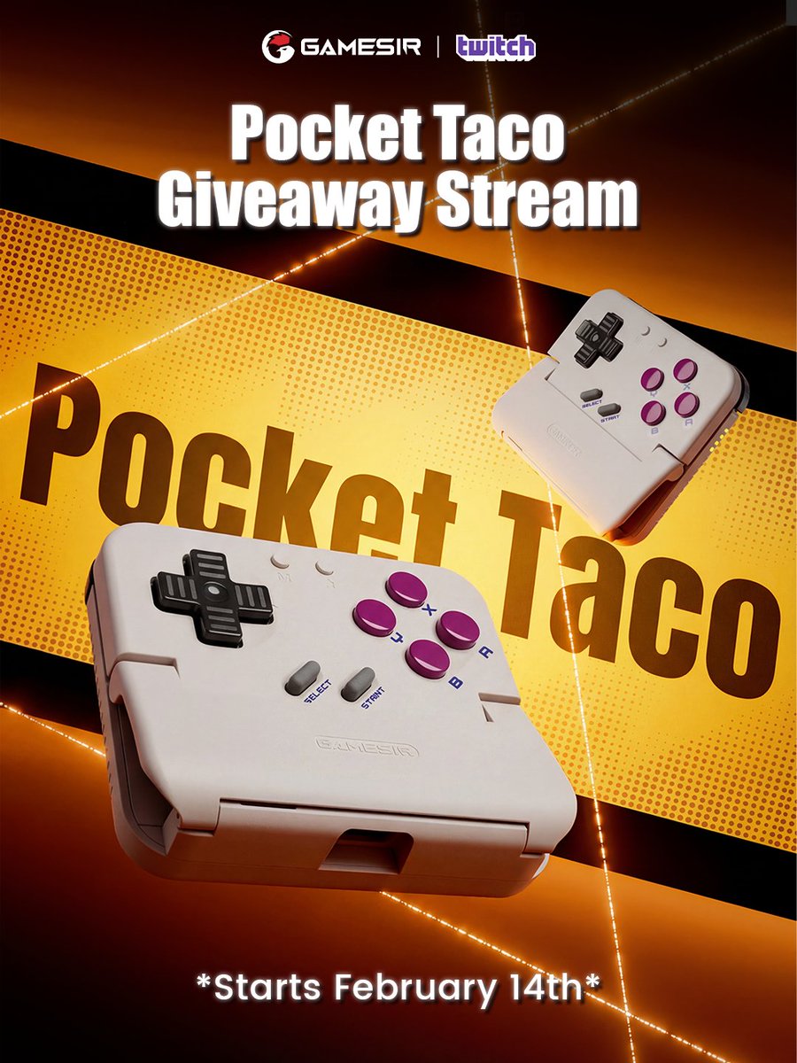 mygamesir's tweet photo. ❤️GameSir Pocket Taco giveaway alert❤️  

Transform your phone into a retro handheld now! We are giving away Pocket Tacos for this post!  😸  

Prizes (5 Winners):  
5× GameSir Pocket Taco     

How to enter:    

❤️Like this post.     

☎️Follow @mygamesir and @GamesirLive    

📡Tag 2 gaming buddies    

Ends February 28th

And stand Ready, The GameSir Pocket Taco Live starts in 24 hours!  Tomorrow from 2 PM to 9 PM PST, we're hanging out, playing games, and showing you everything the Pocket Taco can do. 😸

And——We are also giving away 10 GameSir Pocket Tacos during the stream!   

Join us: https://t.co/5pSOtz7AQA   

Set your alarms. See you there!  ⏰  

#GameSir #controller #retro #giveaway