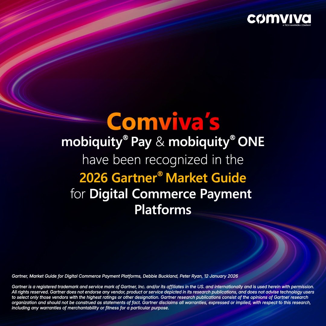 ComvivaTech's tweet photo. We hold the view that recognition matters when it reflects real work and real impact.

Comviva’s mobiquity®️Pay and mobiquity®️ONE have been recognized in the 2026 @Gartner_inc®️Market Guide for Digital Commerce Payment Platforms. 

We believe this recognition reinforces Comviva’s leadership and continued innovation in digital commerce, as we build next-generation, scalable, and secure digital payment ecosystems.

Proud of our team for consistently raising the bar!
