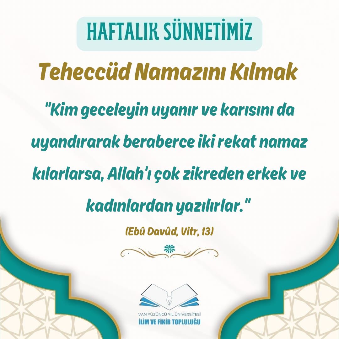 ilimvefikir65's tweet photo. Teheccüd Namazını Kılmak 

"Kim geceleyin uyanır ve karısını da uyandırarak beraberce iki rekat namaz kılarlarsa, Allah'ı çok zikreden erkek ve kadınlardan yazılırlar." 
(Ebû Davûd, Vitr, 13)

#ilimvefikirtoplulugu #ift #iftvan https://t.co/gKjjJSxHWW
