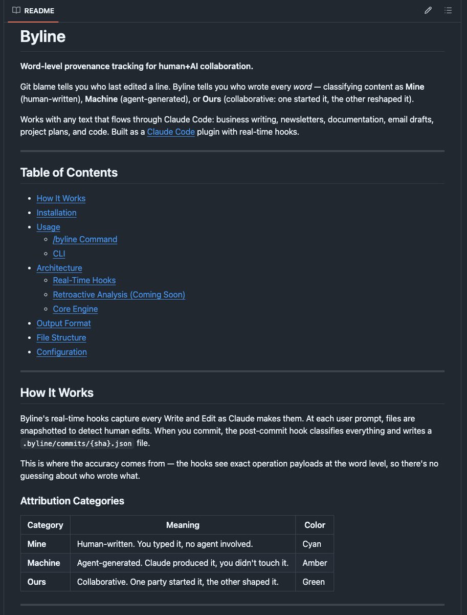 anyway here's my next magic trick. 

byline is my first real attempt at word-level provenance tracking. 

combining the coding agent session transcripts with git history got me ~60-70% accuracy, borderline useless. 

but my hooks-powered snapshot system got  accuracy to 95%. 😎