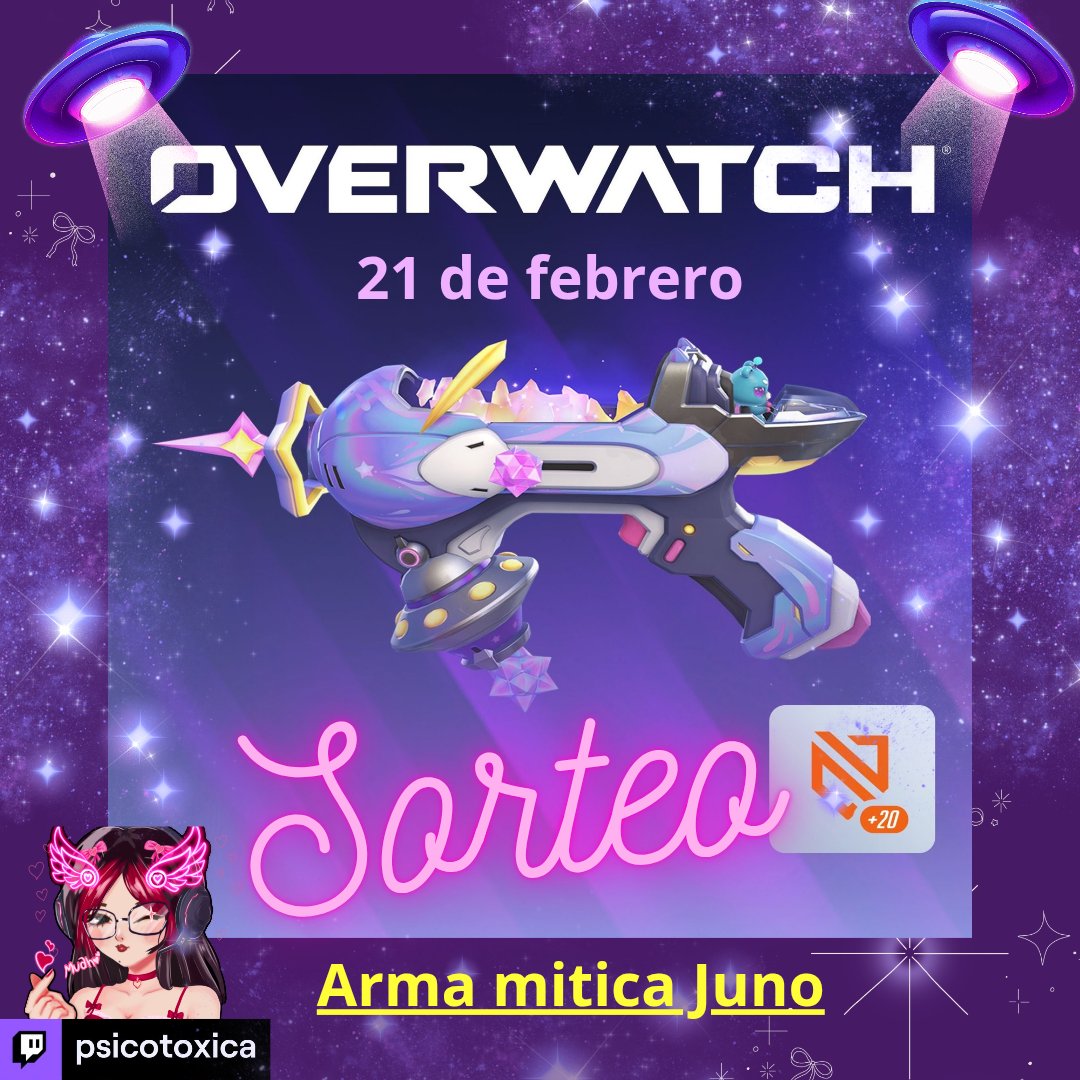 Psicotoxicaa's tweet photo. 👽 SORTEO ARMA MITICA JUNO👽
Gracias  @OverwatchLATAM y @Blizzard_Ent por el codigo 💜
Requisitos:
▪️Seguirme en mis redes <psicotoxica)
▪️LIKE Y RT
▪️ MENCIONAR A UN AMIGO
▪️CANJEAR LA RECOMPENSA EN MI CANAL DE TWITCH CUANDO ESTE EN VIVO   
#OWLATAMsorteo https://t.co/4xl1s8iabL