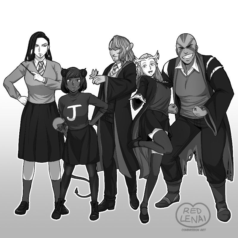 Reposting old comm
Part of the members of Mighty Nein and Vox Machina dressed as magic school students (Yes, you can tell this one art is a bit old-old)

#CommissionArt #Illust #CriticalRoleFanart