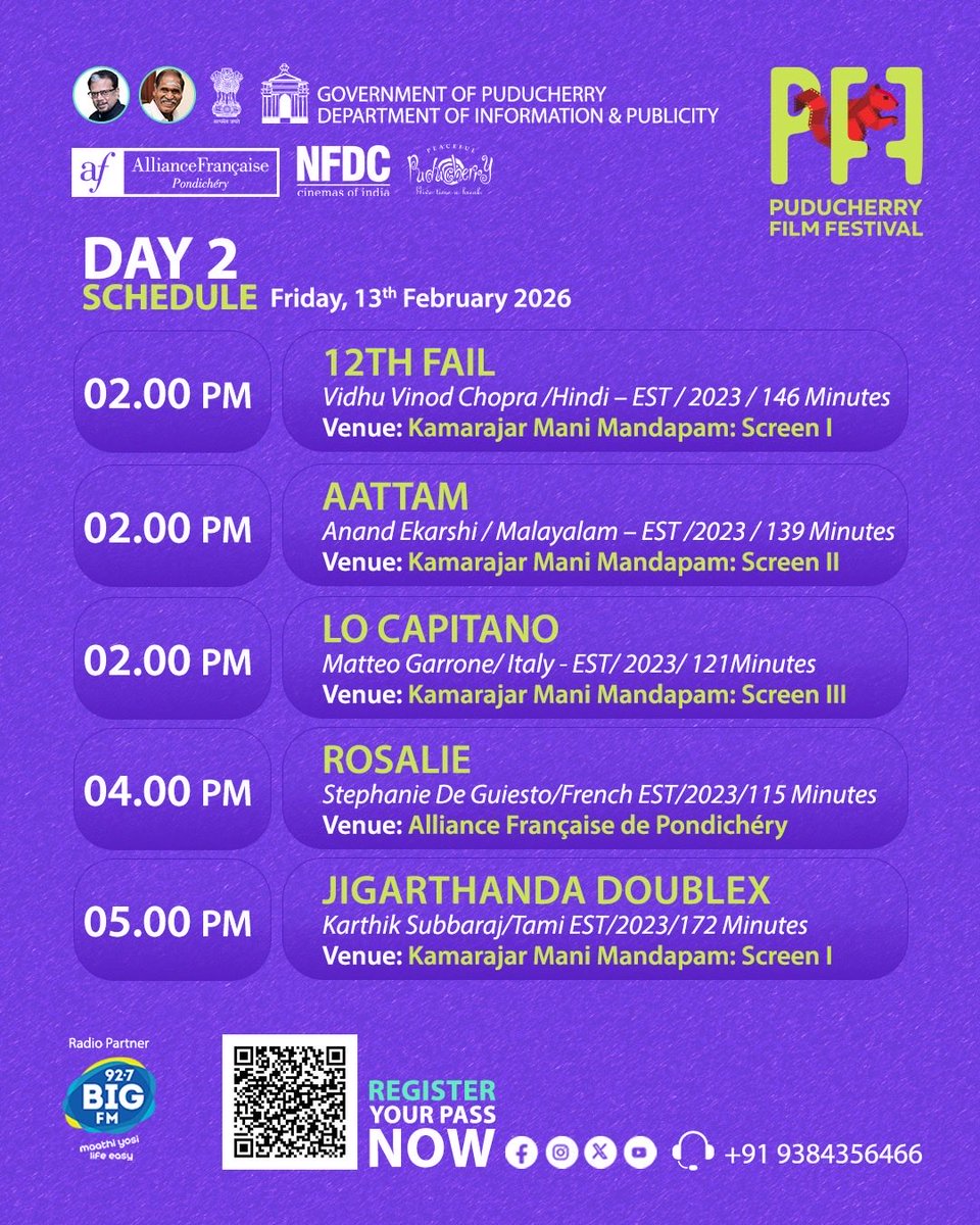 PFestival58216's tweet photo. Catch the Day 2 film screenings at the Puducherry Film Festival.

✨ Puducherry turns cinematic this February!
🎬 Puducherry Film Festival
📅 Feb 12–15, 2026
#PuducherryFilmFestival #PFF2026 #CinemaMagic #FilmLovers #ReelStories https://t.co/3lzf0EnL27