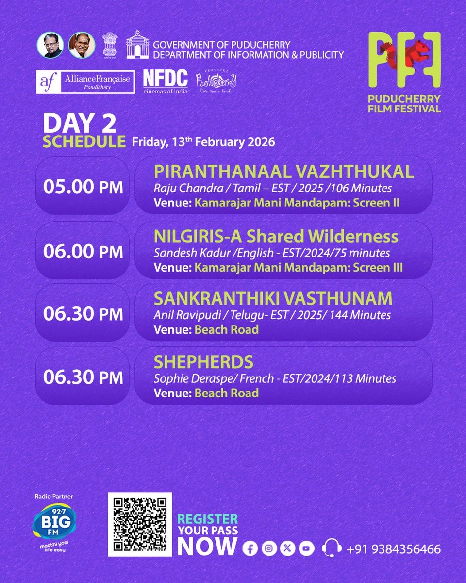 PFestival58216's tweet photo. Catch the Day 2 film screenings at the Puducherry Film Festival.

✨ Puducherry turns cinematic this February!
🎬 Puducherry Film Festival
📅 Feb 12–15, 2026
#PuducherryFilmFestival #PFF2026 #CinemaMagic #FilmLovers #ReelStories https://t.co/3lzf0EnL27