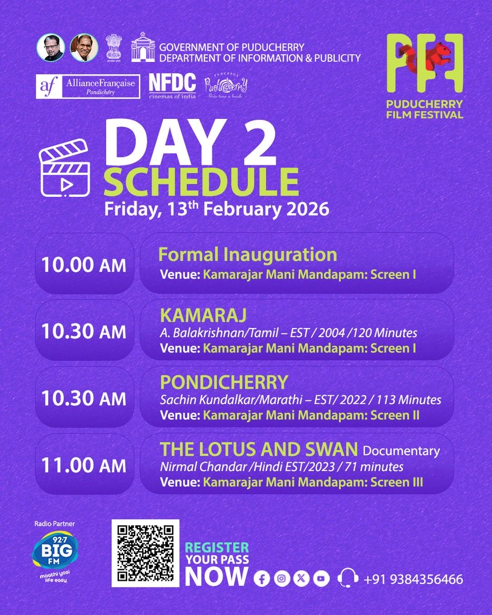 PFestival58216's tweet photo. Catch the Day 2 film screenings at the Puducherry Film Festival.

✨ Puducherry turns cinematic this February!
🎬 Puducherry Film Festival
📅 Feb 12–15, 2026
#PuducherryFilmFestival #PFF2026 #CinemaMagic #FilmLovers #ReelStories https://t.co/3lzf0EnL27