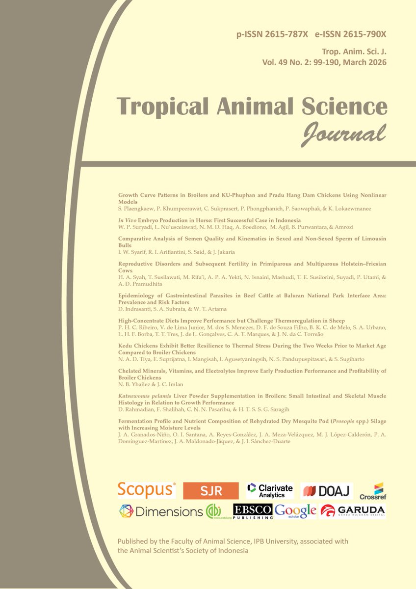 TropAnimSci's tweet photo. Hi! The latest edition of Tropical Animal Science Journal Vol. 49 No. 2 (2026) has been published electronically. All articles are available at https://t.co/ixzvyVFd5h
#animalscience #tropicalanimalscience #scientificjournal https://t.co/WRroeXnN8u