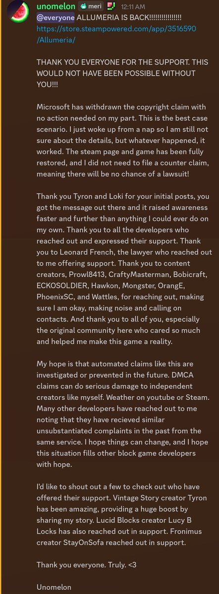 Prowl8413's tweet photo. Microsoft has officially dropped the DMCA claim against Allumeria and thr game is back up on steam. Amazing job by the gaming community raising awareness so quickly!

Ill still be streaming it live to check the game out myself! Steam link below! https://t.co/FODGVvbB72