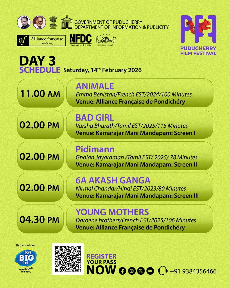 PFestival58216's tweet photo. 🎥 Day 3 is here! Dive into a world of stories at the Puducherry Film Festival.
✨ Celebrate cinema, celebrate creativity!
📅 Feb 12–15, 2026
🎬 Don’t miss today’s screenings and surprises!
#PuducherryFilmFestival #PFF2026 #CinemaMagic #FilmLovers #ReelStories Day3Delights https://t.co/7aH6hS6sjX