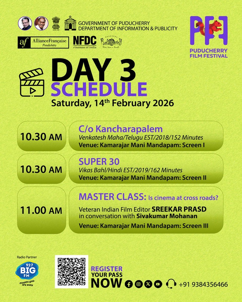 PFestival58216's tweet photo. 🎥 Day 3 is here! Dive into a world of stories at the Puducherry Film Festival.
✨ Celebrate cinema, celebrate creativity!
📅 Feb 12–15, 2026
🎬 Don’t miss today’s screenings and surprises!
#PuducherryFilmFestival #PFF2026 #CinemaMagic #FilmLovers #ReelStories Day3Delights https://t.co/7aH6hS6sjX