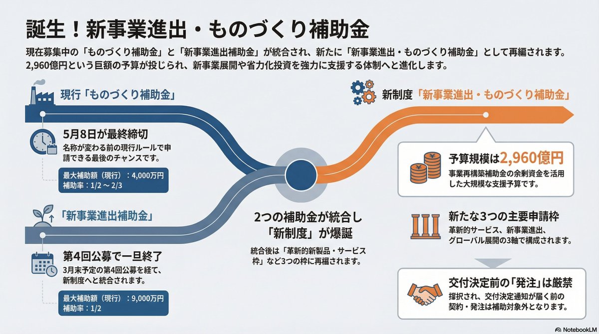 isyokenmei's tweet photo. ものづくり補助金と新事業進出補助金が統合され、新たな支援制度が誕生します。現行制度は最終公募が近づいており、���請検討者は早急な情報収集が必要です。機械設備やシステム導入、海外展開など、生産性向上への投資が対象となります。マキノヤ先生の動画で概要を今のうちにチェック！ https://t.co/QX8AYFto5l