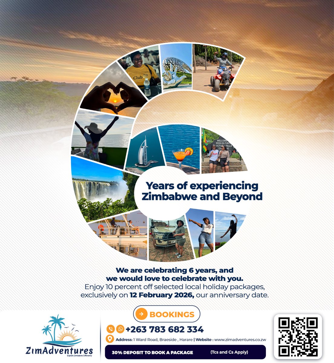 zimadventures's tweet photo. Zimadventures turns 6 years old tomorrow, and we are very grateful for your support and we want to celebrate with you. 

We are giving a 10% discount on select local holiday packages, valid only for tomorrow from 9-5pm.

Zimadventures is a youth owned and run company with everyone on our team below 28 Years and we are striving to make tourism convenient  for many be it on low or high budgets.

We are now the most followed travel agency in Zimbabwe on social media platforms and we are very grateful for the follows and referrals.

As we seek to improve our holiday service delivery please do share with us any ideas you have for us, partnerships, growth strategies, investment opportunities etc.

Whatsapp Zimadventures at +263 783 682 334 for holiday bookings and more.