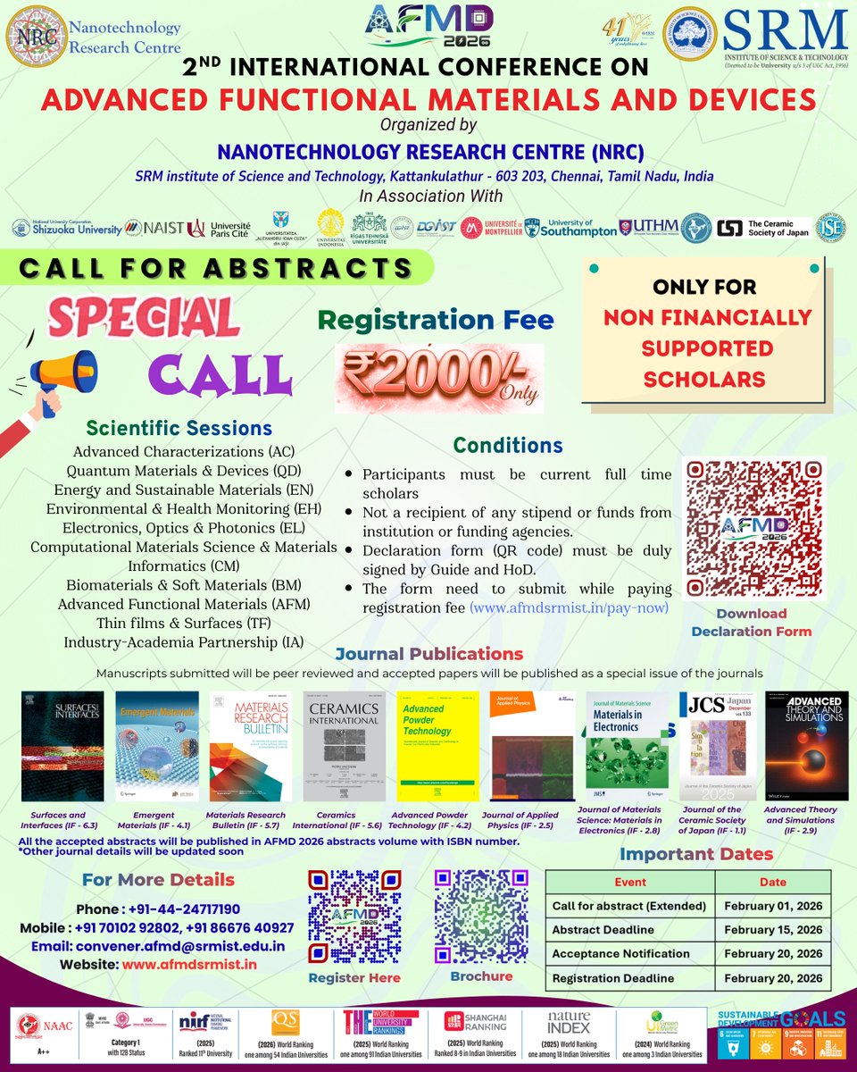 AFMD2026's tweet photo. 🌍Research with Purpose | #AFMD2026🌍
🎓In line with UN SDGs - Quality Education (SDG 4) &amp; Gender Equality (SDG 5)
we’re making research accessible for all✨
📢SPECIAL CALL FOR ABSTRACTS
 Only for Non-Stipend Indian Scholars
 💰Reduced Registration Fee: ₹2000 ONLY https://t.co/5oO5xbrXda