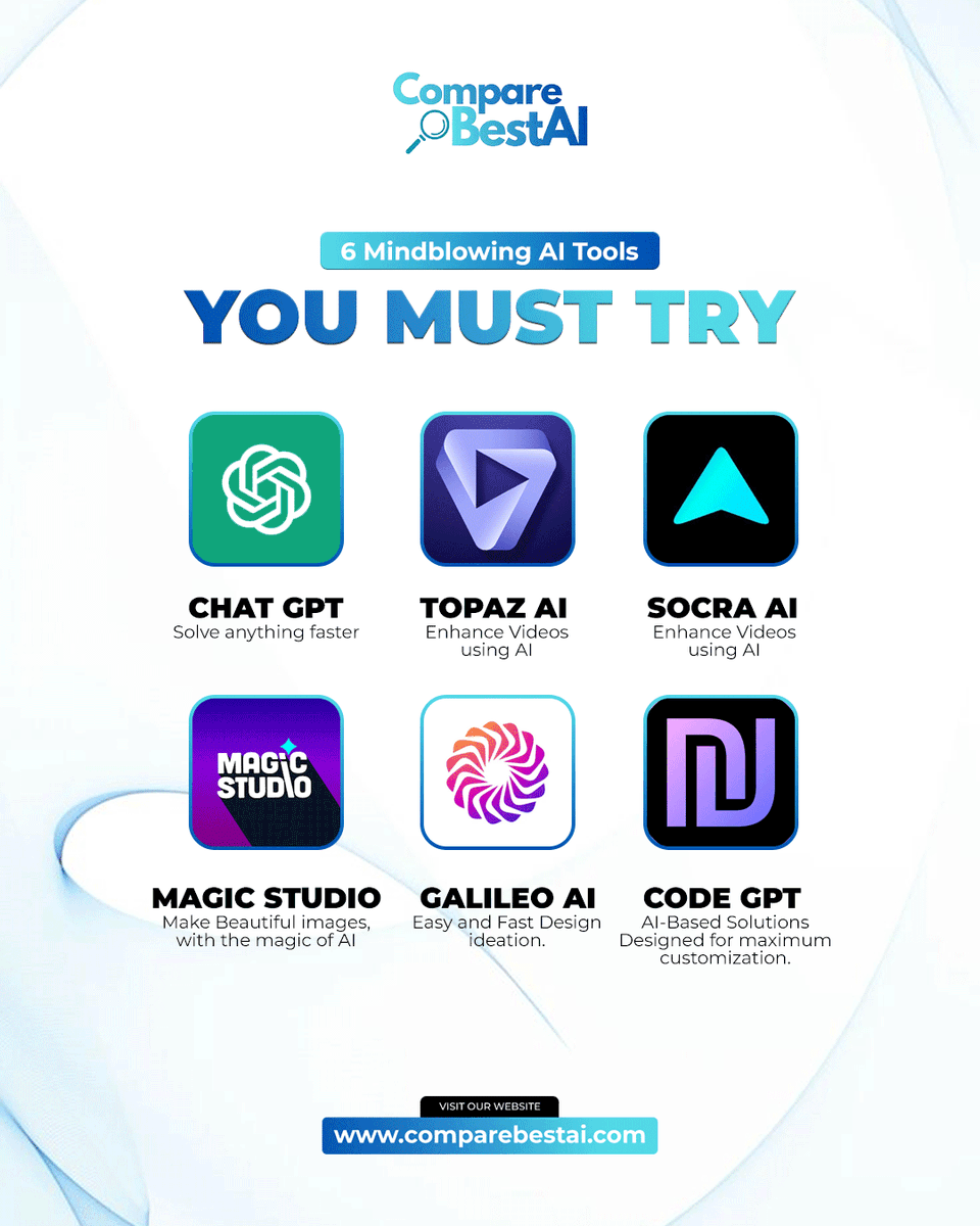 comparebestai's tweet photo. These 6 AI tools are about to change the way you work 🔥

Discover these mind-blowing AI tools and start creating smarter 👉 https://t.co/BRvklVsALw

#aitools #bestaitools #chatgpt #aivideoenhancement #aiimagegeneration #aidesign #codegpt #productivityai #compareaitools https://t.co/49n8wiQxQk