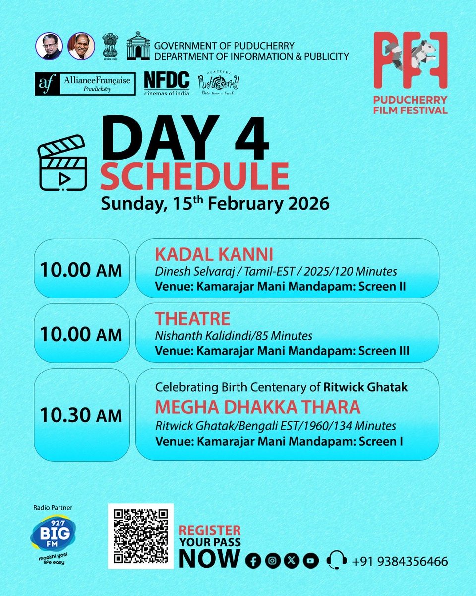 PFestival58216's tweet photo. 🎥 Day 4 is here! Experience the grand finale of the Puducherry Film Festival.
✨ Celebrate cinema, celebrate creativity!
📅 Feb 12–15, 2026
🎬 Don’t miss today’s screenings and closing highlights!
#PuducherryFilmFestival #PFF2026 #CinemaMagic #FilmLovers #ReelStories Day4Finale https://t.co/iNI88cmRdD