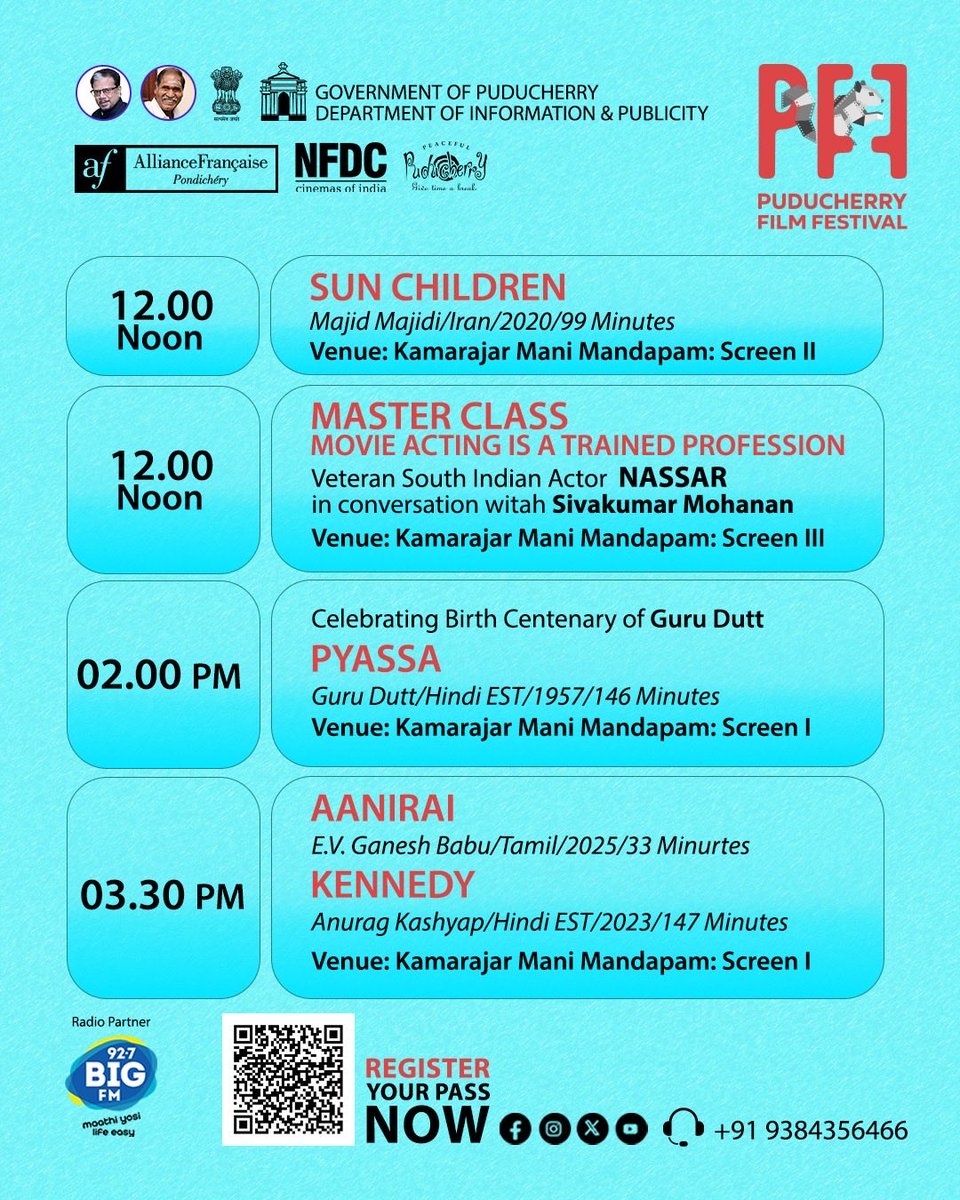 PFestival58216's tweet photo. 🎥 Day 4 is here! Experience the grand finale of the Puducherry Film Festival.
✨ Celebrate cinema, celebrate creativity!
📅 Feb 12–15, 2026
🎬 Don’t miss today’s screenings and closing highlights!
#PuducherryFilmFestival #PFF2026 #CinemaMagic #FilmLovers #ReelStories Day4Finale https://t.co/iNI88cmRdD