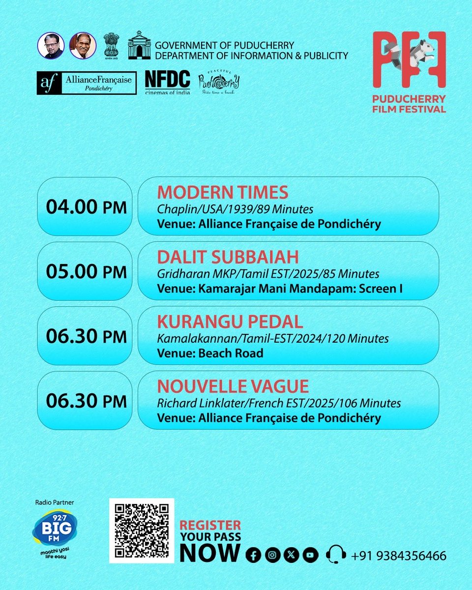 PFestival58216's tweet photo. 🎥 Day 4 is here! Experience the grand finale of the Puducherry Film Festival.
✨ Celebrate cinema, celebrate creativity!
📅 Feb 12–15, 2026
🎬 Don’t miss today’s screenings and closing highlights!
#PuducherryFilmFestival #PFF2026 #CinemaMagic #FilmLovers #ReelStories Day4Finale https://t.co/iNI88cmRdD