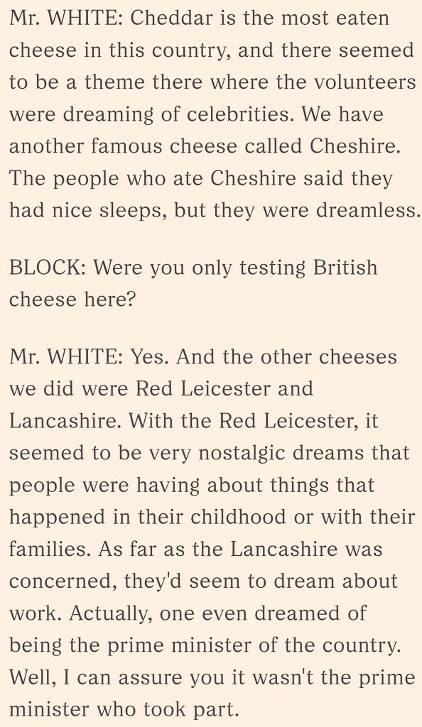 T3Uncoupled's tweet photo. Writing an article on opioids, and I remembered Travis mentioning how different cheeses contain varying amounts of casomorphins, which makes them a very underrated class of psychoactive drugs. It turns out that different types of cheese can elicit different kinds of dreams. https://t.co/3FlFITjfsx