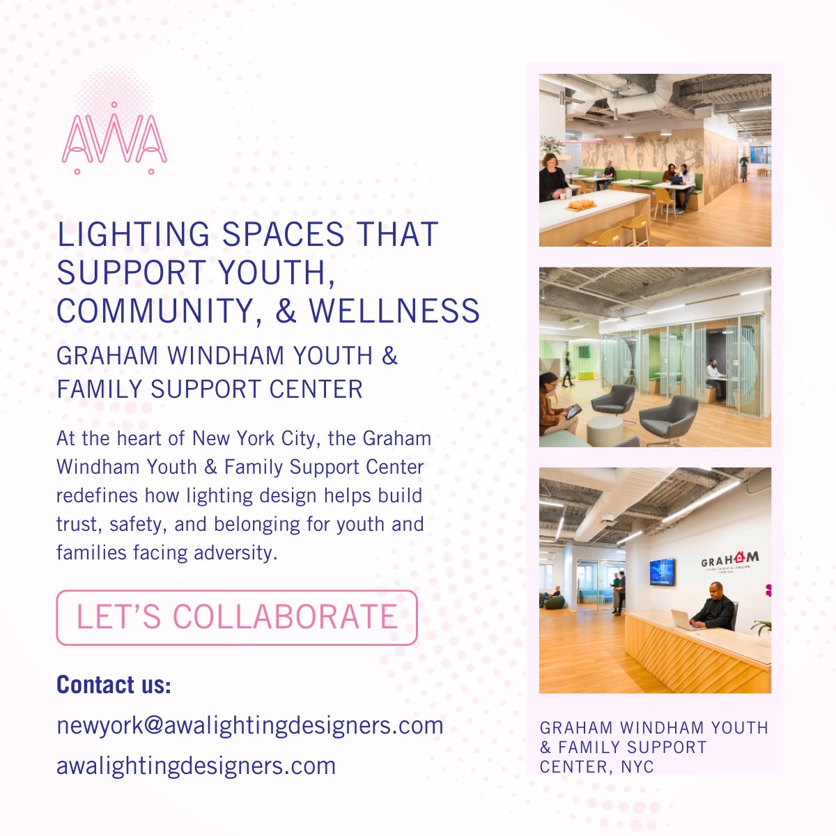 AWALight's tweet photo. At Graham Windham’s Youth &amp; Family Support Center in New York City, lighting was designed as an active contributor to healing.  Read Full Article: https://t.co/bS8UPdOb5p

newyork@awalightingdesigners.com https://t.co/0h4ogyFuAw