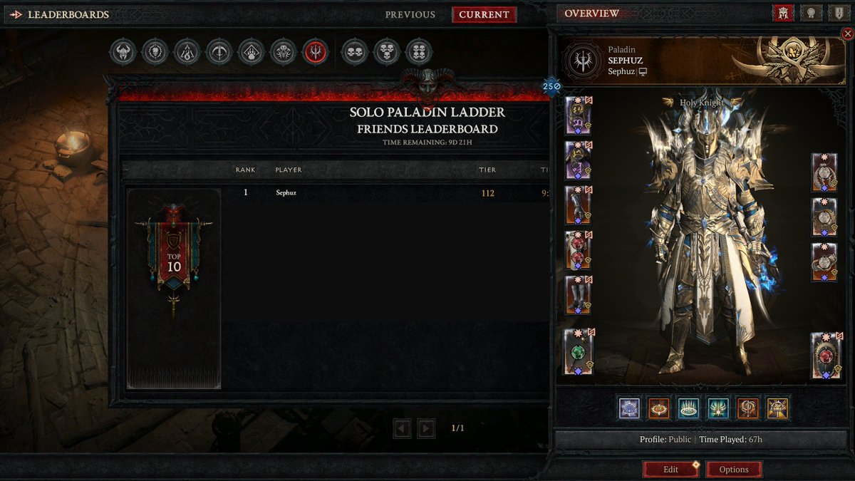 Tower 112 with Blessed Hammer Paladin <a href="/Diablo/">Diablo</a>

Think I'd need some godly Sanctifications or a swap to Judgement to climb any higher