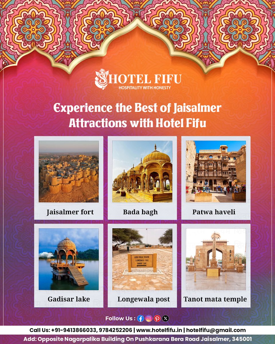 hotel_fifu's tweet photo. Explore the royal charm of Jaisalmer with a comfortable stay at Hotel Fifu ✨🏜️

📞 Call: +91 9413866033, 9784252206
🌐 https://t.co/9EsEWuK0Ji

#HotelFifu #JaisalmerTrip #GoldenCity #RajasthanTourism #StayInJaisalmer #TravelRajasthan #DesertTravelExplore https://t.co/bn7PFcFMUQ